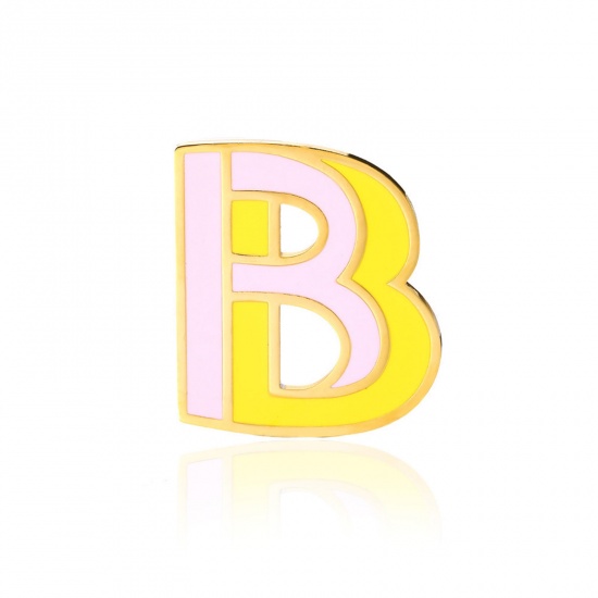 Picture of 1 Piece Vacuum Plating 304 Stainless Steel Pin Brooches Gold Plated Capital Alphabet Initial Letter Enamel Message " B " 33mm x 34mm