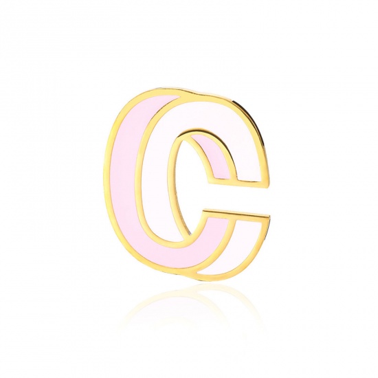 Picture of 1 Piece Vacuum Plating 304 Stainless Steel Pin Brooches Gold Plated Capital Alphabet Initial Letter Enamel Message " C " 33mm x 34mm