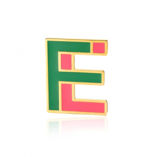 Picture of 1 Piece Vacuum Plating 304 Stainless Steel Pin Brooches Gold Plated Capital Alphabet Initial Letter Enamel Message " E " 33mm x 34mm