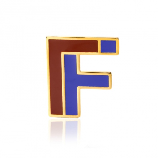 Picture of 1 Piece Vacuum Plating 304 Stainless Steel Pin Brooches Gold Plated Capital Alphabet Initial Letter Enamel Message " F " 33mm x 34mm