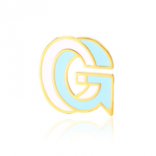 Picture of 1 Piece Vacuum Plating 304 Stainless Steel Pin Brooches Gold Plated Capital Alphabet Initial Letter Enamel Message " G " 33mm x 34mm