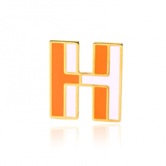 Picture of 1 Piece Vacuum Plating 304 Stainless Steel Pin Brooches Gold Plated Capital Alphabet Initial Letter Enamel Message " H " 33mm x 34mm