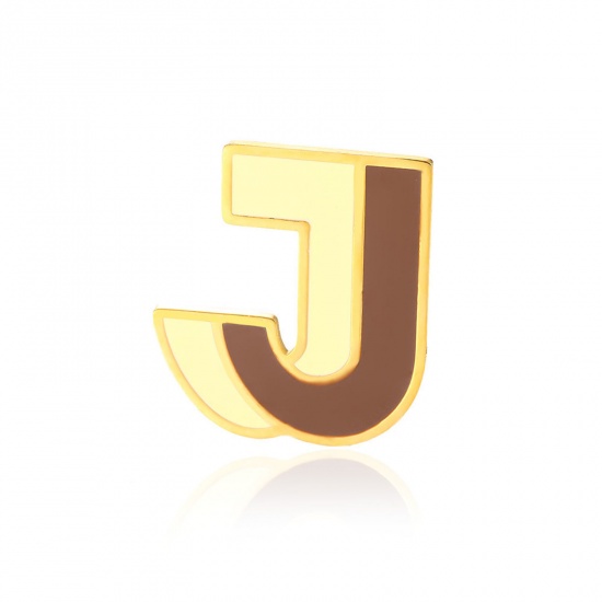 Picture of 1 Piece Vacuum Plating 304 Stainless Steel Pin Brooches Gold Plated Capital Alphabet Initial Letter Enamel Message " J " 33mm x 34mm