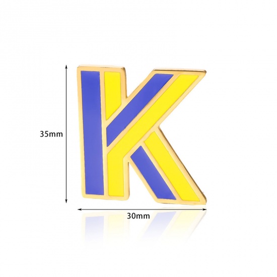 Picture of 1 Piece Vacuum Plating 304 Stainless Steel Pin Brooches Gold Plated Capital Alphabet Initial Letter Enamel Message " K " 33mm x 34mm