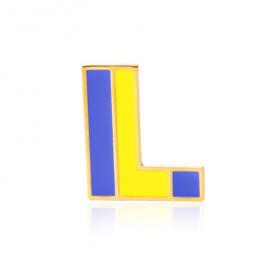 Picture of 1 Piece Vacuum Plating 304 Stainless Steel Pin Brooches Gold Plated Capital Alphabet Initial Letter Enamel Message " L " 33mm x 34mm