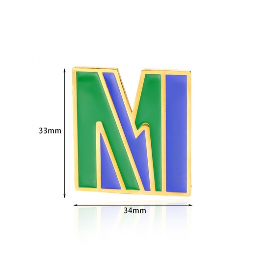 Picture of 1 Piece Vacuum Plating 304 Stainless Steel Pin Brooches Gold Plated Capital Alphabet Initial Letter Enamel Message " M " 33mm x 34mm