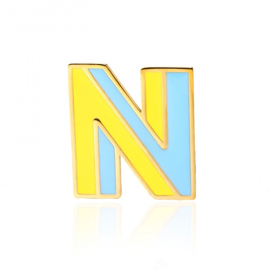 Picture of 1 Piece Vacuum Plating 304 Stainless Steel Pin Brooches Gold Plated Capital Alphabet Initial Letter Enamel Message " N " 33mm x 34mm