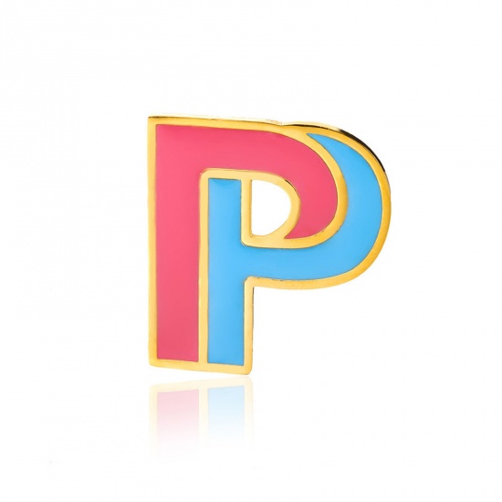 Picture of 1 Piece Vacuum Plating 304 Stainless Steel Pin Brooches Gold Plated Capital Alphabet Initial Letter Enamel Message " P " 33mm x 34mm