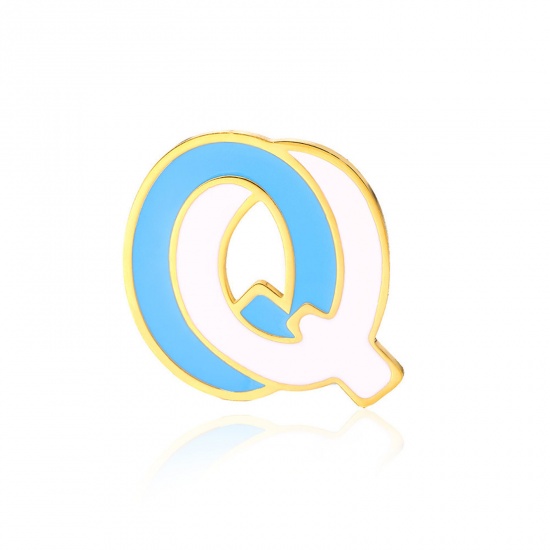 Picture of 1 Piece Vacuum Plating 304 Stainless Steel Pin Brooches Gold Plated Capital Alphabet Initial Letter Enamel Message " Q " 33mm x 34mm