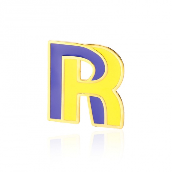 Picture of 1 Piece Vacuum Plating 304 Stainless Steel Pin Brooches Gold Plated Capital Alphabet Initial Letter Enamel Message " R " 33mm x 34mm