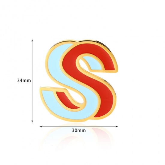 Picture of 1 Piece Vacuum Plating 304 Stainless Steel Pin Brooches Gold Plated Capital Alphabet Initial Letter Enamel Message " S " 33mm x 34mm