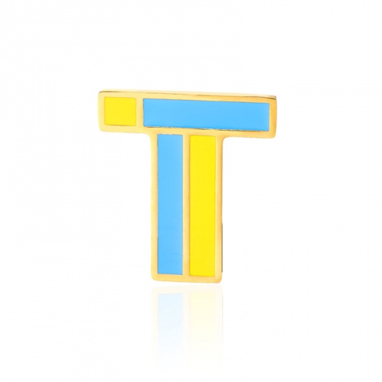 Picture of 1 Piece Vacuum Plating 304 Stainless Steel Pin Brooches Gold Plated Capital Alphabet Initial Letter Enamel Message " T " 33mm x 34mm