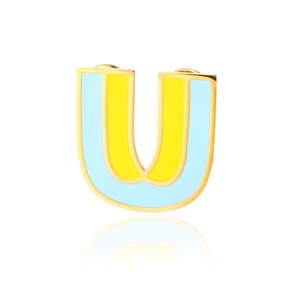 Picture of 1 Piece Vacuum Plating 304 Stainless Steel Pin Brooches Gold Plated Capital Alphabet Initial Letter Enamel Message " U " 33mm x 34mm