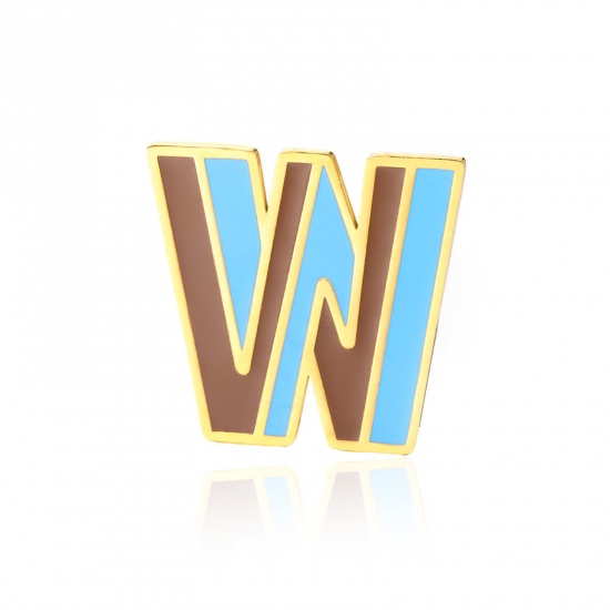 Picture of 1 Piece Vacuum Plating 304 Stainless Steel Pin Brooches Gold Plated Capital Alphabet Initial Letter Enamel Message " W " 33mm x 34mm