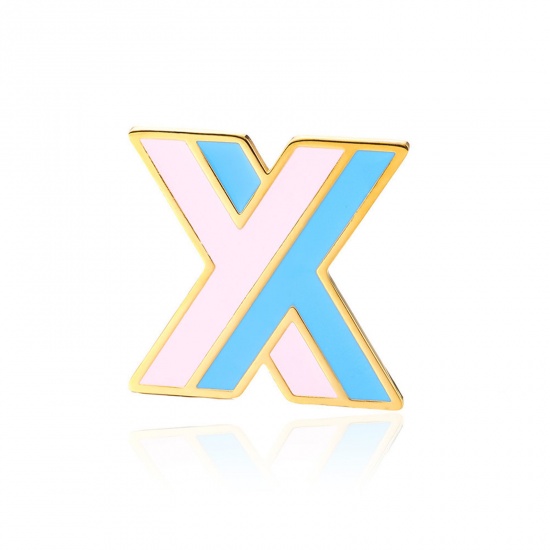 Picture of 1 Piece Vacuum Plating 304 Stainless Steel Pin Brooches Gold Plated Capital Alphabet Initial Letter Enamel Message " X " 33mm x 34mm