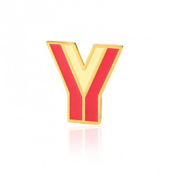 Picture of 1 Piece Vacuum Plating 304 Stainless Steel Pin Brooches Gold Plated Capital Alphabet Initial Letter Enamel Message " Y " 33mm x 34mm