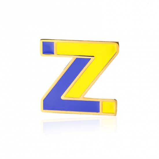 Picture of 1 Piece Vacuum Plating 304 Stainless Steel Pin Brooches Gold Plated Capital Alphabet Initial Letter Enamel Message " Z " 33mm x 34mm