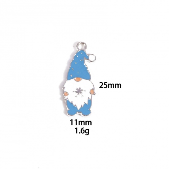 Picture of 10 PCs Zinc Based Alloy Charms Winter Style Silver Tone White & Blue Christmas Santa Claus Enamel 25mm x 11mm