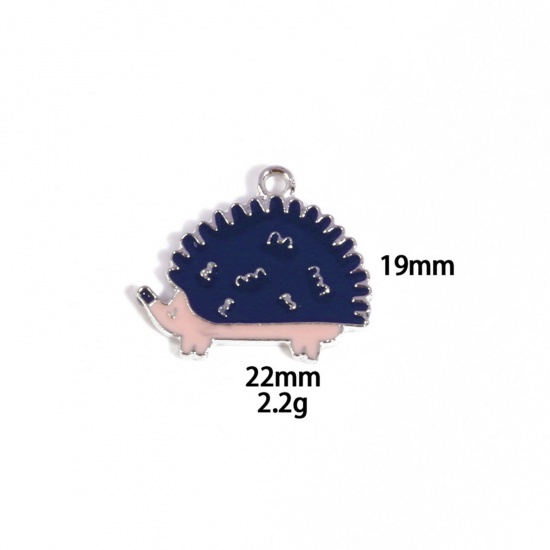 Picture of 10 PCs Zinc Based Alloy Charms Winter Style Silver Tone Dark Blue Hedgehog Enamel 22mm x 19mm