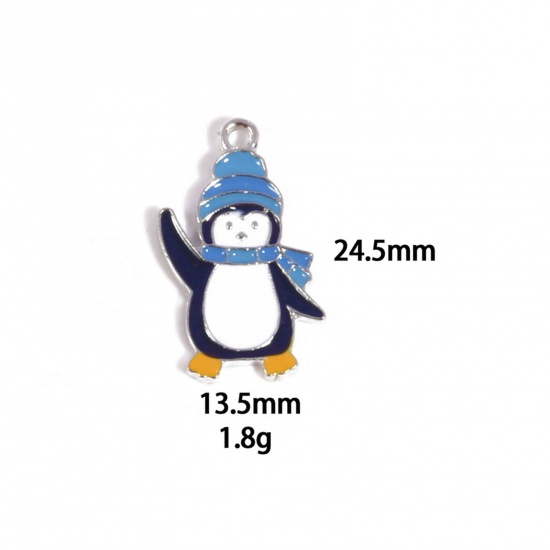 Picture of 10 PCs Zinc Based Alloy Charms Winter Style Silver Tone Multicolor Penguin Animal Enamel 24.5mm x 13.5mm