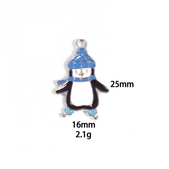 Picture of 10 PCs Zinc Based Alloy Charms Winter Style Silver Tone Multicolor Penguin Animal Enamel 25mm x 16mm