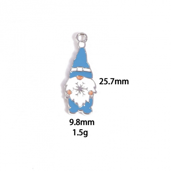 Picture of 10 PCs Zinc Based Alloy Charms Winter Style Silver Tone White & Blue Christmas Santa Claus Enamel 25.7mm x 9.8mm