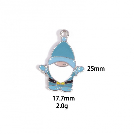 Picture of 10 PCs Zinc Based Alloy Charms Winter Style Silver Tone Blue Christmas Santa Claus Enamel 25mm x 17.7mm