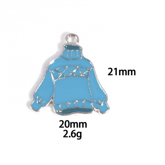 Picture of 10 PCs Zinc Based Alloy Charms Winter Style Silver Tone Blue Turtleneck Sweater Enamel 21mm x 20mm