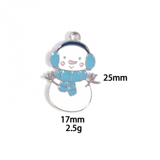 Picture of 10 PCs Zinc Based Alloy Charms Winter Style Silver Tone White & Blue Christmas Snowman Enamel 25mm x 17mm