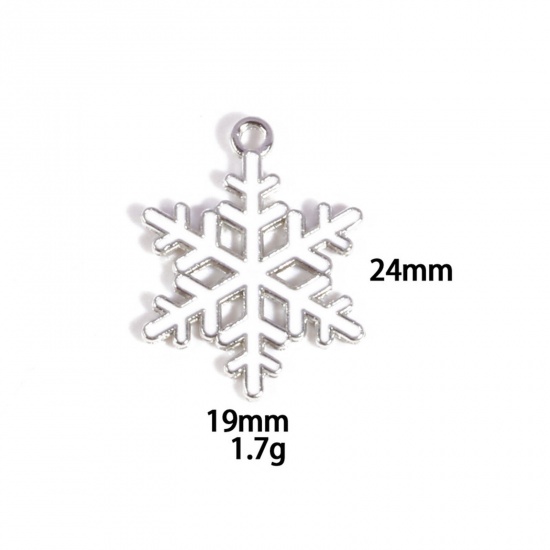 Picture of 10 PCs Zinc Based Alloy Charms Winter Style Silver Tone White Christmas Snowflake Enamel 24mm x 19mm