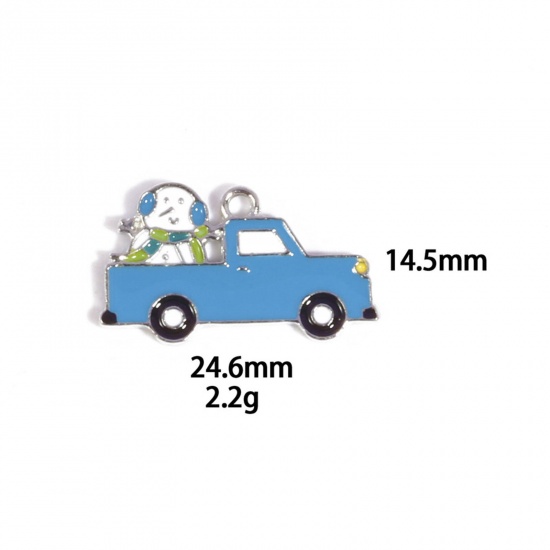 Picture of 10 PCs Zinc Based Alloy Charms Winter Style Silver Tone Blue Truck Christmas Snowman Enamel 24.6mm x 14.5mm