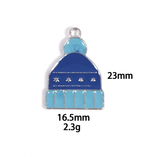 Picture of 10 PCs Zinc Based Alloy Charms Winter Style Silver Tone Blue & Dark Blue Hat Enamel 23mm x 16.5mm