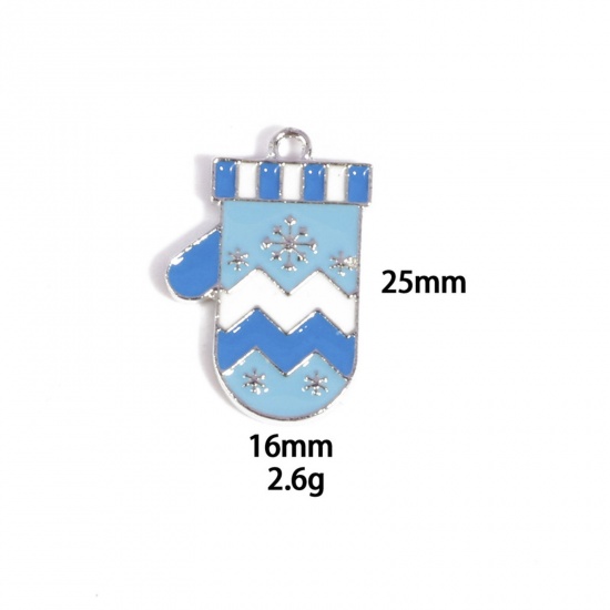 Picture of 10 PCs Zinc Based Alloy Charms Winter Style Silver Tone Blue Glove Enamel 25mm x 16mm