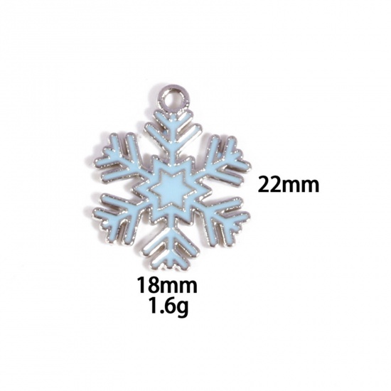 Picture of 10 PCs Zinc Based Alloy Charms Winter Style Silver Tone Blue Christmas Snowflake Enamel 22mm x 18mm