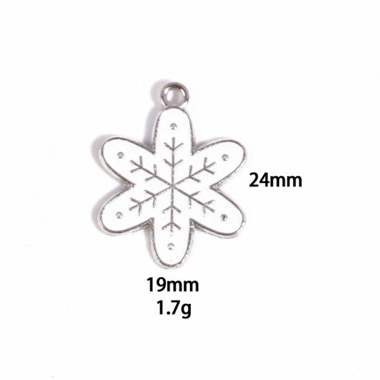 Picture of 10 PCs Zinc Based Alloy Charms Winter Style Silver Tone White Christmas Snowflake Enamel 24mm x 19mm