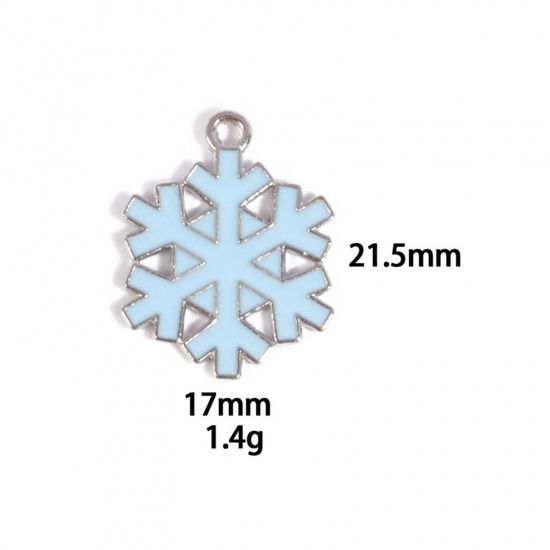 Picture of 10 PCs Zinc Based Alloy Charms Winter Style Silver Tone Blue Christmas Snowflake Enamel 21.5mm x 17mm