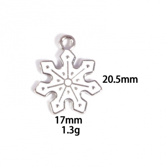 Picture of 10 PCs Zinc Based Alloy Charms Winter Style Silver Tone White Christmas Snowflake Enamel 20.5mm x 17mm