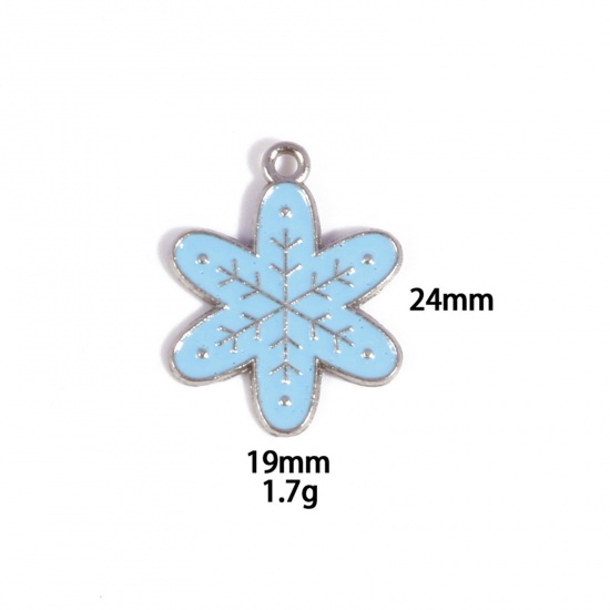 Picture of 10 PCs Zinc Based Alloy Charms Winter Style Silver Tone Blue Christmas Snowflake Enamel 24mm x 19mm