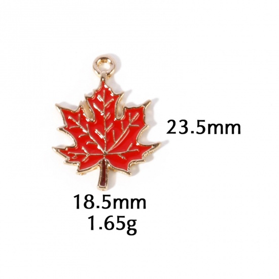 Picture of 10 PCs Zinc Based Alloy Autumn Fall Style Charms Gold Plated Red Leaf Enamel 23.5mm x 18.5mm