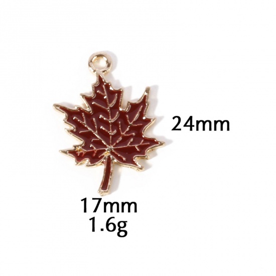 Picture of 10 PCs Zinc Based Alloy Autumn Fall Style Charms Gold Plated Brown Leaf Enamel 24mm x 17mm