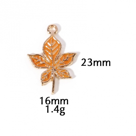 Picture of 10 PCs Zinc Based Alloy Autumn Fall Style Charms Gold Plated Orange Leaf Enamel 23mm x 16mm