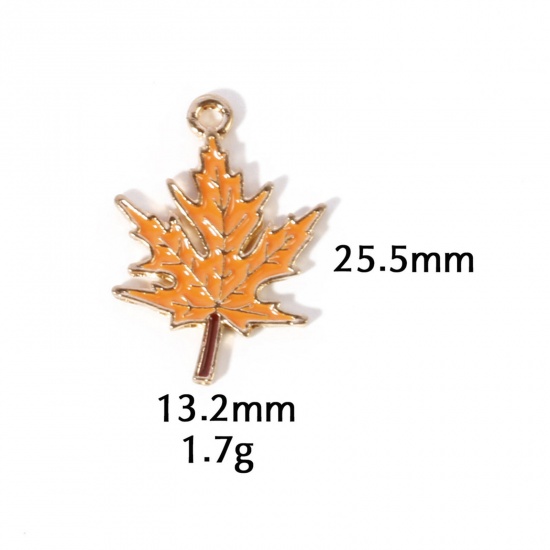 Picture of 10 PCs Zinc Based Alloy Autumn Fall Style Charms Gold Plated Orange Leaf Enamel 25.5mm x 13.2mm