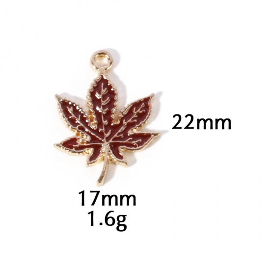 Picture of 10 PCs Zinc Based Alloy Autumn Fall Style Charms Gold Plated Dark Red Leaf Enamel 22mm x 17mm