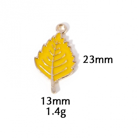 Picture of 10 PCs Zinc Based Alloy Autumn Fall Style Charms Gold Plated Yellow Leaf Enamel 23mm x 13mm