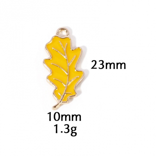 Picture of 10 PCs Zinc Based Alloy Autumn Fall Style Charms Gold Plated Yellow Leaf Enamel 23mm x 10mm