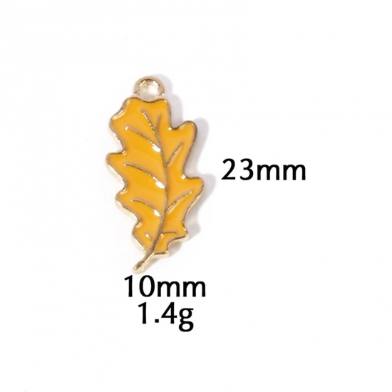 Picture of 10 PCs Zinc Based Alloy Autumn Fall Style Charms Gold Plated Yellow Leaf Enamel 23mm x 10mm