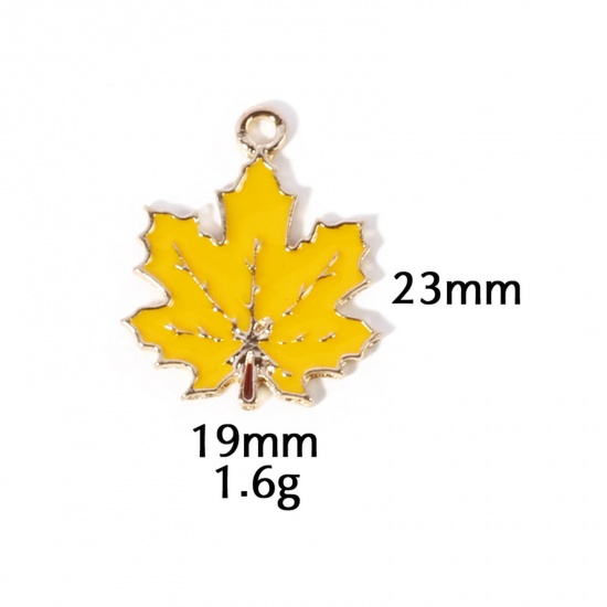 Picture of 10 PCs Zinc Based Alloy Autumn Fall Style Charms Gold Plated Yellow Leaf Enamel 23mm x 19mm