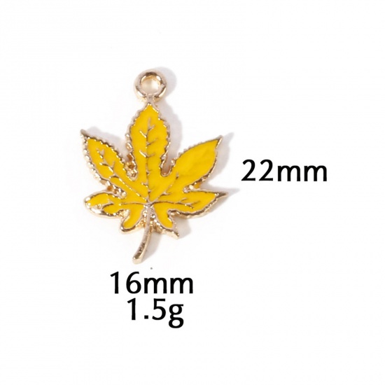 Picture of 10 PCs Zinc Based Alloy Autumn Fall Style Charms Gold Plated Yellow Leaf Enamel 22mm x 16mm