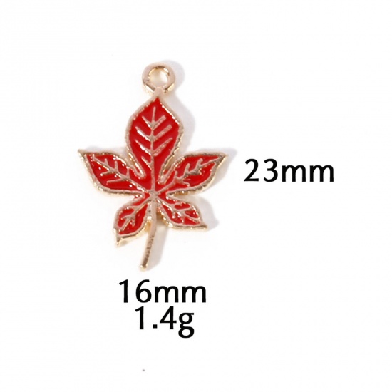 Picture of 10 PCs Zinc Based Alloy Autumn Fall Style Charms Gold Plated Orange-red Leaf Enamel 23mm x 16mm