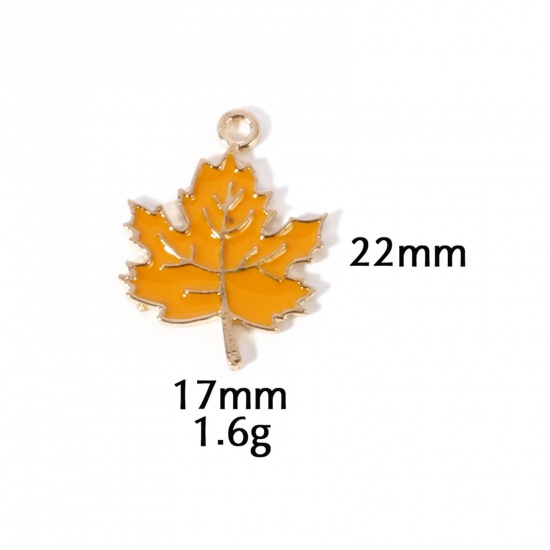 Picture of 10 PCs Zinc Based Alloy Autumn Fall Style Charms Gold Plated Orange Leaf Enamel 22mm x 17mm